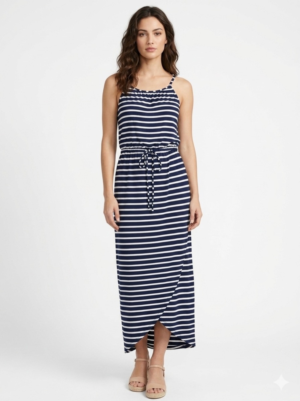 CAbi Navy and White Striped Faux Wrap Maxi Dress
